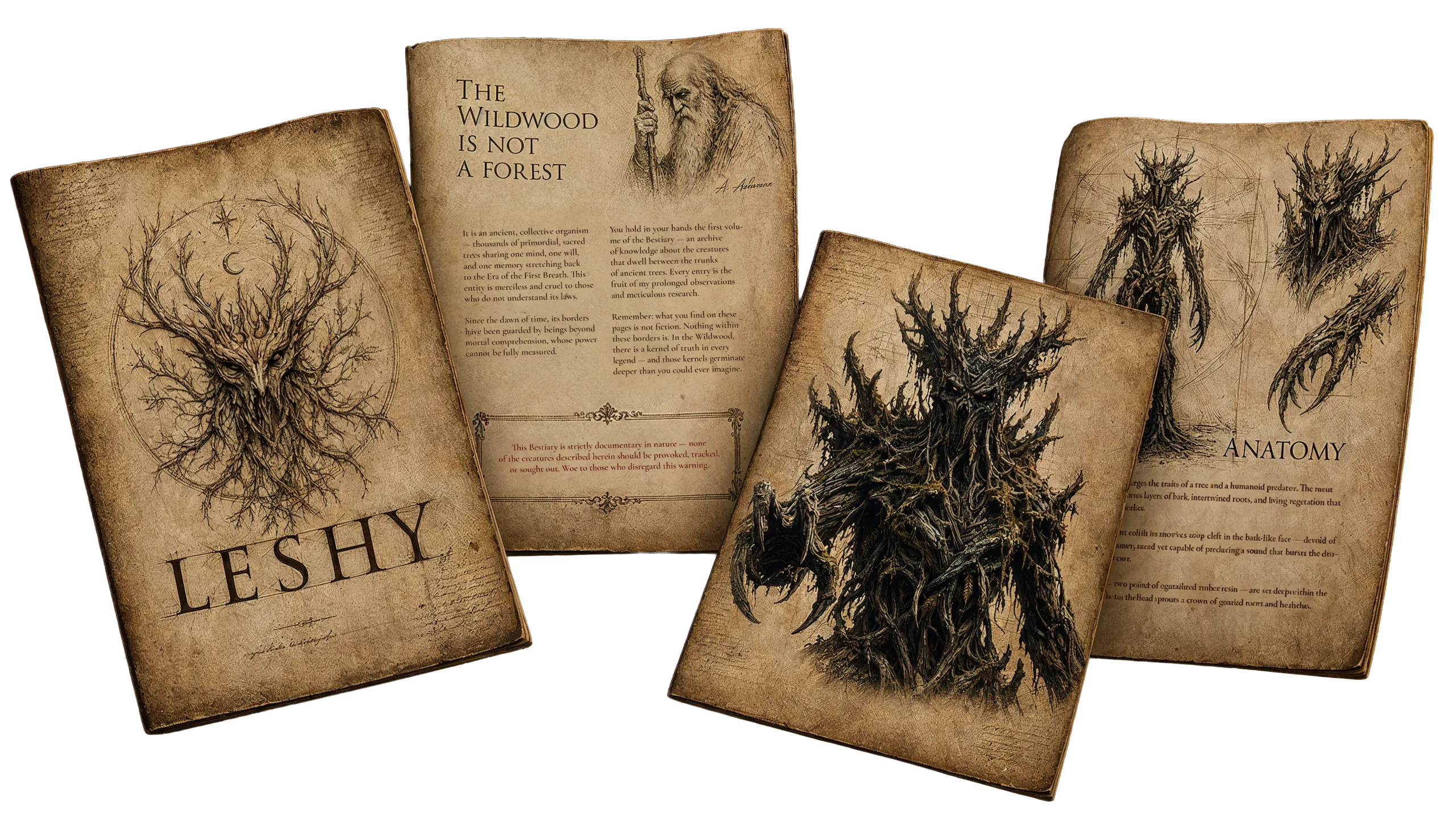 Sample pages from the Leshy bestiary: a LESHY title page, 'The Wildwood is not a forest' opening spread with Aldric Ashvane's portrait, a creature illustration, and an anatomy plate.